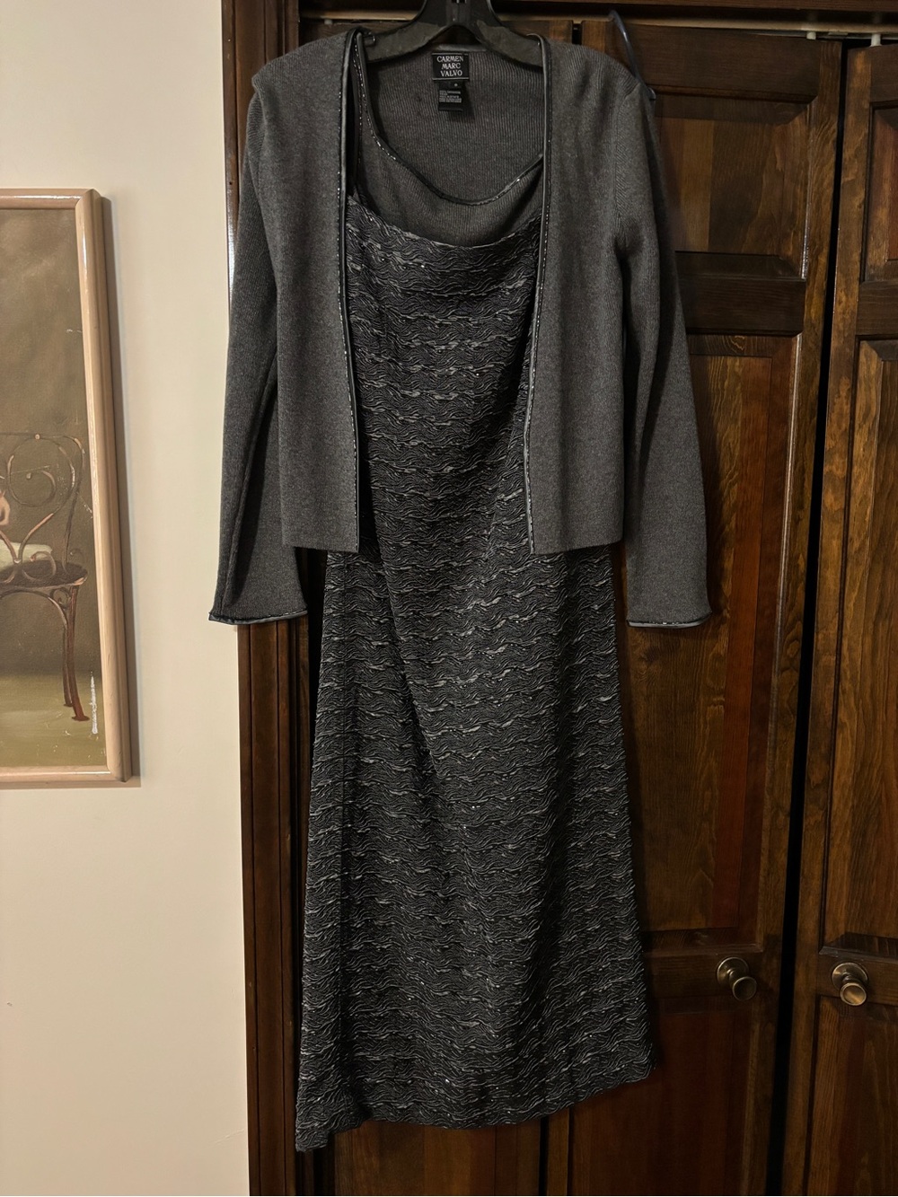 Carmen Marc Valvo Charcoal Gray 3 Piece Dress Set